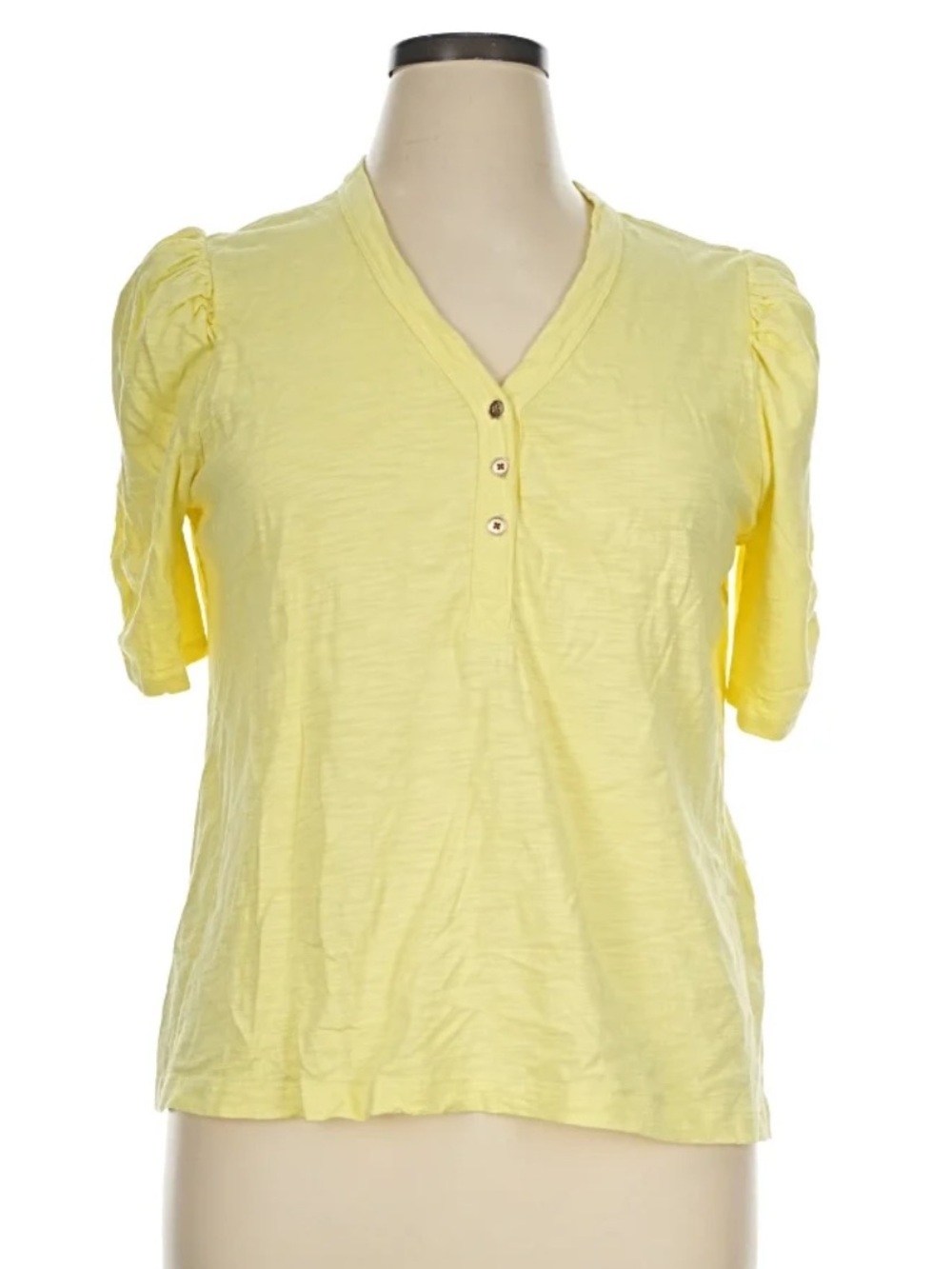 Chico's Pale Yellow V-Neck Short Sleeve Top with Button Placket